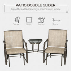 Outsunny Outdoor Glider Chairs with Coffee Table, Patio 2-Seat Rocking Chair Swing Loveseat with Breathable Sling for Backyard, Garden, and Porch, Light Brown