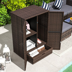 Outsunny Outdoor Storage Cabinet with Shelves, Rattan Pool Towel Storage Cabinet with Removable Shelf & Drawer, Mixed Brown
