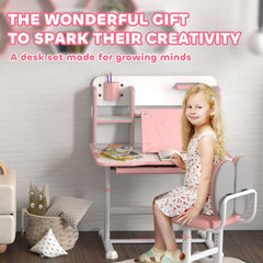 Qaba Height Adjustable Kids Desk and Chair Set for Writing Drawing w/ Tilt Desktop, Storage Drawer and Reading Rack, Pink