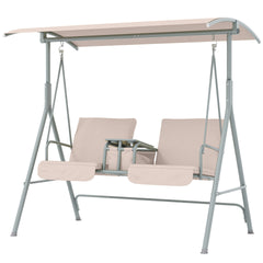 Outsunny 2-Seater Outdoor Porch Swing with Canopy and Table, Patio Swing Chair for Garden, Poolside, Backyard, Beige