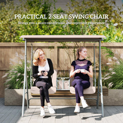 Outsunny 2-Seater Outdoor Porch Swing with Canopy and Table, Patio Swing Chair for Garden, Poolside, Backyard, Beige