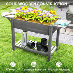 Outsunny Wood Raised Planter Box, Elevated Garden Bed with Lockable Wheels, Side Tables, Bottom Shelf, Drain Holes, Gray