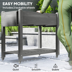 Outsunny Wood Raised Planter Box, Elevated Garden Bed with Lockable Wheels, Side Tables, Bottom Shelf, Drain Holes, Gray