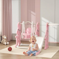 Qaba 4 in 1 Toddler Slide and Swing Set with Climber, Basketball Hoop, Rabbit Themed Kids Playset for Ages 1.5-4, Pink