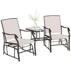 Outsunny Outdoor Glider Chairs with Coffee Table, Patio 2-Seat Rocking Chair Swing Loveseat with Breathable Sling for Backyard, Garden, and Porch, Beige
