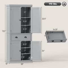 HOMCOM 72.5" Kitchen Cabinet, Pantry Storage Cabinet with Doors and Shelves, Freestanding Food Pantry Cabinet, Gray