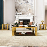 Living Room Table Set of 3 with 1 Coffee Table and 2 End Tables, Rectangle, Tempered Glass, Asymmetrical Metal, Gold Finish & Lower Shelf, 47.5"