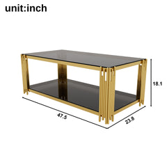 Living Room Table Set of 3 with 1 Coffee Table and 2 End Tables, Rectangle, Tempered Glass, Asymmetrical Metal, Gold Finish & Lower Shelf, 47.5"