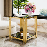 Modern Black Mirror End Table for Living Room, Square,Asymmetrical Metal, Gold Finish & Lower Shelf, 19.9"