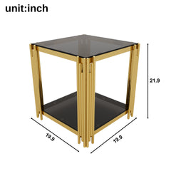 Modern Black Mirror End Table for Living Room, Square,Asymmetrical Metal, Gold Finish & Lower Shelf, 19.9"