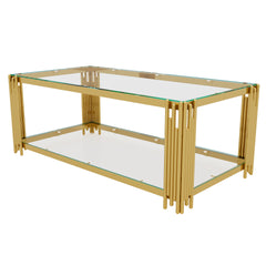 Living Room Table Set of 3 with 1 Coffee Table and 2 End Tables, Rectangle, Tempered Glass, Asymmetrical Metal, Gold Finish & Lower Shelf, 47.5"