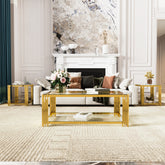 Living Room Table Set of 3 with 1 Coffee Table and 2 End Tables, Rectangle, Tempered Glass, Asymmetrical Metal, Gold Finish & Lower Shelf, 47.5"