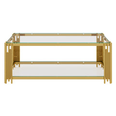 Living Room Table Set of 3 with 1 Coffee Table and 2 End Tables, Rectangle, Tempered Glass, Asymmetrical Metal, Gold Finish & Lower Shelf, 47.5"