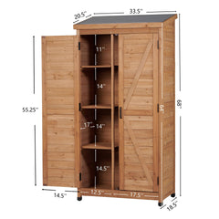 Outdoor Wooden Storage Shed with Metal Top Tall Vertical Tool Cabinet for Backyard Garden Patio Lawn