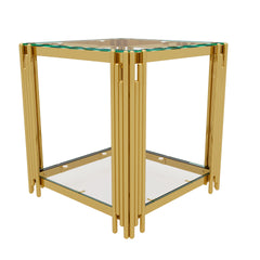 Modern Transparent Glass End Table for Living Room, Square,Asymmetrical Metal, Gold Finish & Lower Shelf, 19.9"