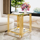 Modern Transparent Glass End Table for Living Room, Square,Asymmetrical Metal, Gold Finish & Lower Shelf, 19.9"