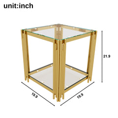 Modern Transparent Glass End Table for Living Room, Square,Asymmetrical Metal, Gold Finish & Lower Shelf, 19.9"