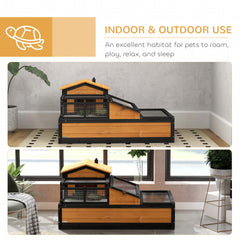 PawHut 3-Room Tortoise Habitat House w/ Balcony & 2 Stories, 44" x 25.5" x 25", Yellow