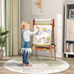 Qaba 3 in 1 Easel for Kids with Paper Roll, Whiteboard, Chalkboard, Double Sided & Adjustable Height, Nature Wood