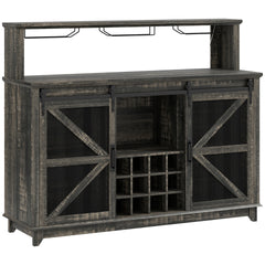 HOMCOM 55" Coffee Bar Cabinet with Lights, Farmhouse Wine Cabinet with Wine and Glass Racks for Kitchen, Dining Room, Brown