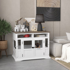 PawHut Dog Kennel Furniture Side End Table with Storage, Double Doors for Small and Medium Dogs, White