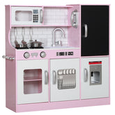 Qaba Pretend Play Kitchen, Kids Kitchen Playset with Play Phone, Chalkboard, Towel Rack & Ice Maker for 3-8 Years Pink