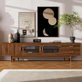 78inch TV Stand for TVs Up to 85", Modern TV Cabinet with Fluted Glass Doors & 2 Drawers, for Living Room, Entertainment Center with Cable Management, Solid Wood Legs