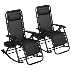 Outsunny 2 Outdoor Rocking Chairs Foldable Reclining Zero Gravity Lounge Rockers w/ Pillow Cup & Phone Holder, Black