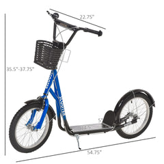 Aosom Youth Scooter, Kick Scooter with Adjustable Handlebars, Double Brakes, 16" Inflatable Rubber Tires, Basket, Cupholder, Blue