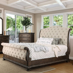 Rustic Natural Tone 1pc California King Size Bed Beige Fabric Tufted Sleigh Bed Bedroom Furniture Solidwood