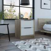 Kaia Nightstand , End Table, Side Table Two Drawers, Metal Handle -White / Pine