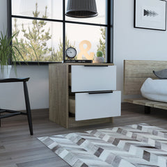 Kaia Nightstand , End Table, Side Table Two Drawers, Metal Handle -White / Pine