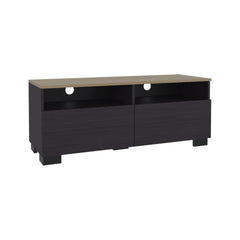 Colman Modern TV Stand with Open Shelves and Compact Profile, Minimalist Media Console for Living Room or Bedroom, Black - Natural Oak