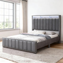 Beautiful Dark Gray Color 1pc Full Size Bed Storage Shelve LED Channel Tufting Bedroom Furniture Fabric Upholstered