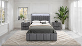 Contemporary 3pc Bedroom Set Queen Size Bed 2x Nightstands Bedroom Furniture Dark Gray Fabric Upholstered Bedframe w LED Nailhead Trim