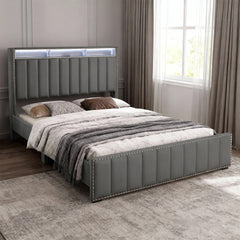 Contemporary 3pc Bedroom Set Full Size Bed 2x Nightstands Bedroom Furniture Dark Gray Fabric Upholstered Bedframe w LED Nailhead Trim