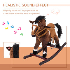 Qaba Kids Wooden Plush Ride-On Rocking Horse Chair Toy with Realistic Sounds Dark Brown/White