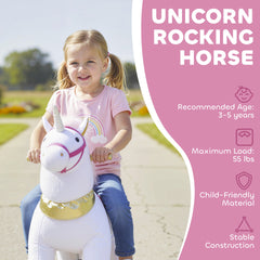 Qaba Ride on Unicorn Toy for Kids 3-5 Years, 29.5 Inch Plush Baby Rocking Horse with Wheels, No Battery Required, White