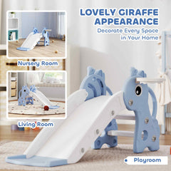 Qaba 3-in-1 Toddler Slide for Age 1-3, Freestanding Kids Slide with Climber, Basketball Hoop and Ball, Giraffe Design, Blue
