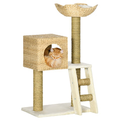 PawHut Cattail Weave Cat Tree for Indoor Cats Kitty Tower with Rattan Cat Condo, Wicker Bed, Ladder, Washable Cushions, 22.5" x 14.5" x 39.5", Natural