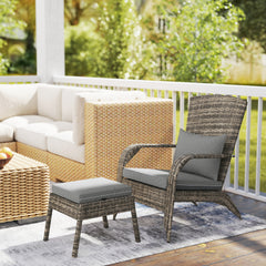 Outsunny Wicker Adirondack Chair Fire Pit Chair w/ Ottoman & Cushions, Gray