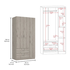 Austral 3 Door Armoire with Two Drawers, Shelves, and Hanging Rod - Light Gray