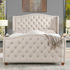Marcella Upholstered Shelter Headboard Bed Set, Queen, Sky Neutral Beige Polyester