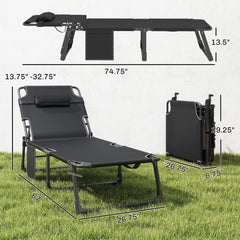 Outsunny Folding Chaise Lounge Chair Outdoor Tanning Chair with 5-Position Backrest, Cushion, Side Pocket, Black