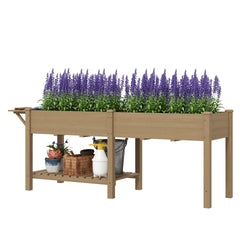 Outsunny Wood Raised Garden Box, Elevated Garden Bed with Side Table, Bottom Shelf, Bed Liners and Drainage Holes, Carbonized