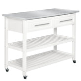 HOMCOM Kitchen Island with Stainless Steel Top, Traditional Kitchen Island with Storage, Butcher Block Cart 2-Tier Open Shelves, Drawers, White