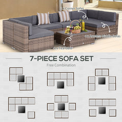 Outsunny Modern Rattan Patio Furniture Set, 7-Piece Outdoor Wicker Sofa Set with Cushions for Home & Family Gatherings, Gray
