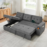 Toby 95-inch Gray Woven Fabric Reversible Sleeper Sectional Sofa with Storage Chaise – L-Shaped Pull-Out Bed, Cup Holders, USB/USB-C Ports, Pocket Coil Seating & Space-Saving Design