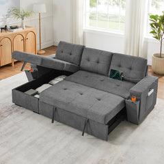 Toby 95-inch Gray Woven Fabric Reversible Sleeper Sectional Sofa with Storage Chaise – L-Shaped Pull-Out Bed, Cup Holders, USB/USB-C Ports, Pocket Coil Seating & Space-Saving Design