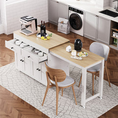 K&K 74.5 inch Kitchen Island with Extendable Dining Table , Rolling Kitchen Island on Wheels with Spice Rack and 2 Drawers, Kitchen Storage Cart with 4 Door Cabinet, for Kitchen, Dining Room, White
